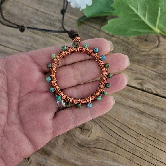 Minimalistic African Turquoise Stones Copper Circle Leather Necklace - Picture 4 of 4